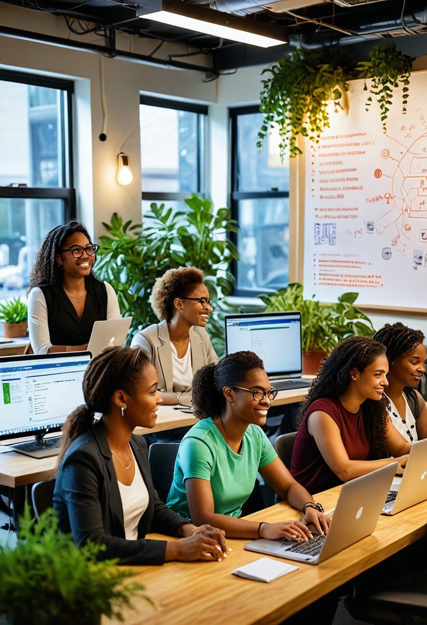 A diverse group of women engineers and tech innovators united in a collaborative workspace, showcasing their creativity through coding on laptops, brainstorming on a whiteboard, and sharing ideas. Bright plants and empowering posters adorn the walls, symbolizing growth and community. The radiant smiles on their faces illustrate joy and empowerment in tech. sunlight streaming in creates a welcoming atmosphere. vibrant colors. super-realistic.