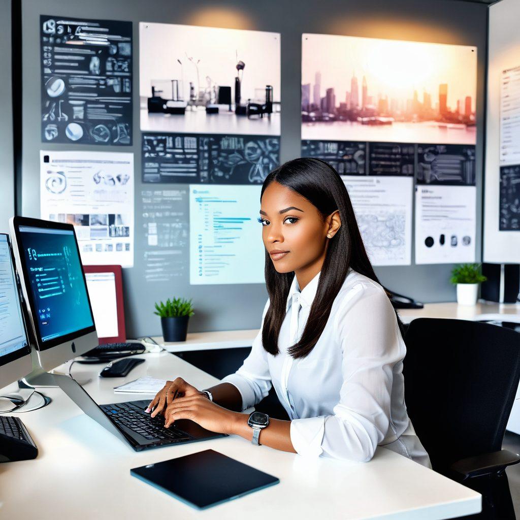 A confident woman working on her laptop in a modern office filled with tech gadgets and inspirational quotes on the wall. She is surrounded by tools like a smartphone, a tablet, and a digital notepad. The atmosphere is vibrant and energetic, symbolizing empowerment and innovation. Elements of diversity and collaboration are subtly included, showing women of various backgrounds participating in tech activities. bright colors. digital art. modern style.