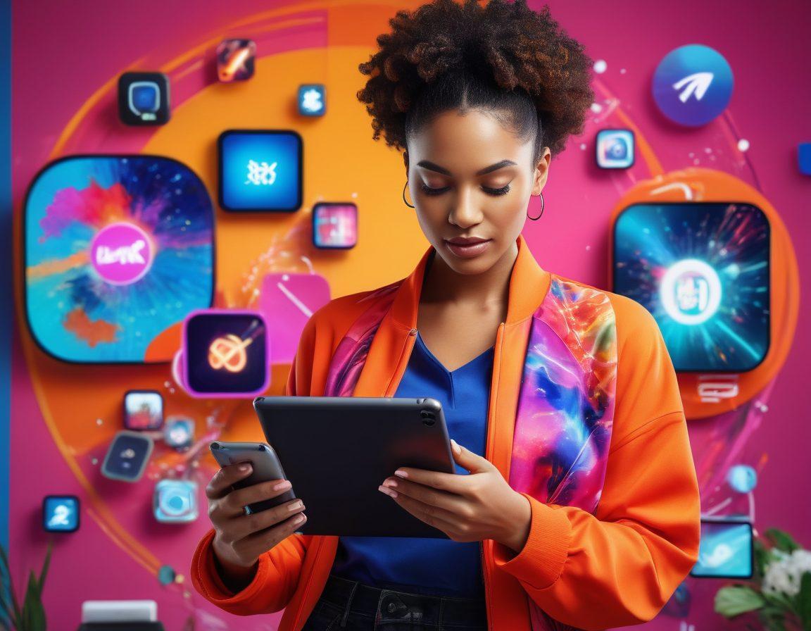 A modern woman surrounded by diverse gadgets like smartwatches, wireless earbuds, and fitness trackers, showcasing a vibrant digital lifestyle. The background is filled with abstract tech-themed elements and bright colors to symbolize innovation and empowerment. The woman is interacting with a sleek tablet, while fashionably dressed, reflecting confidence in the digital space. The overall image conveys a sense of community and future-forward living. super-realistic. vibrant colors. modern design.